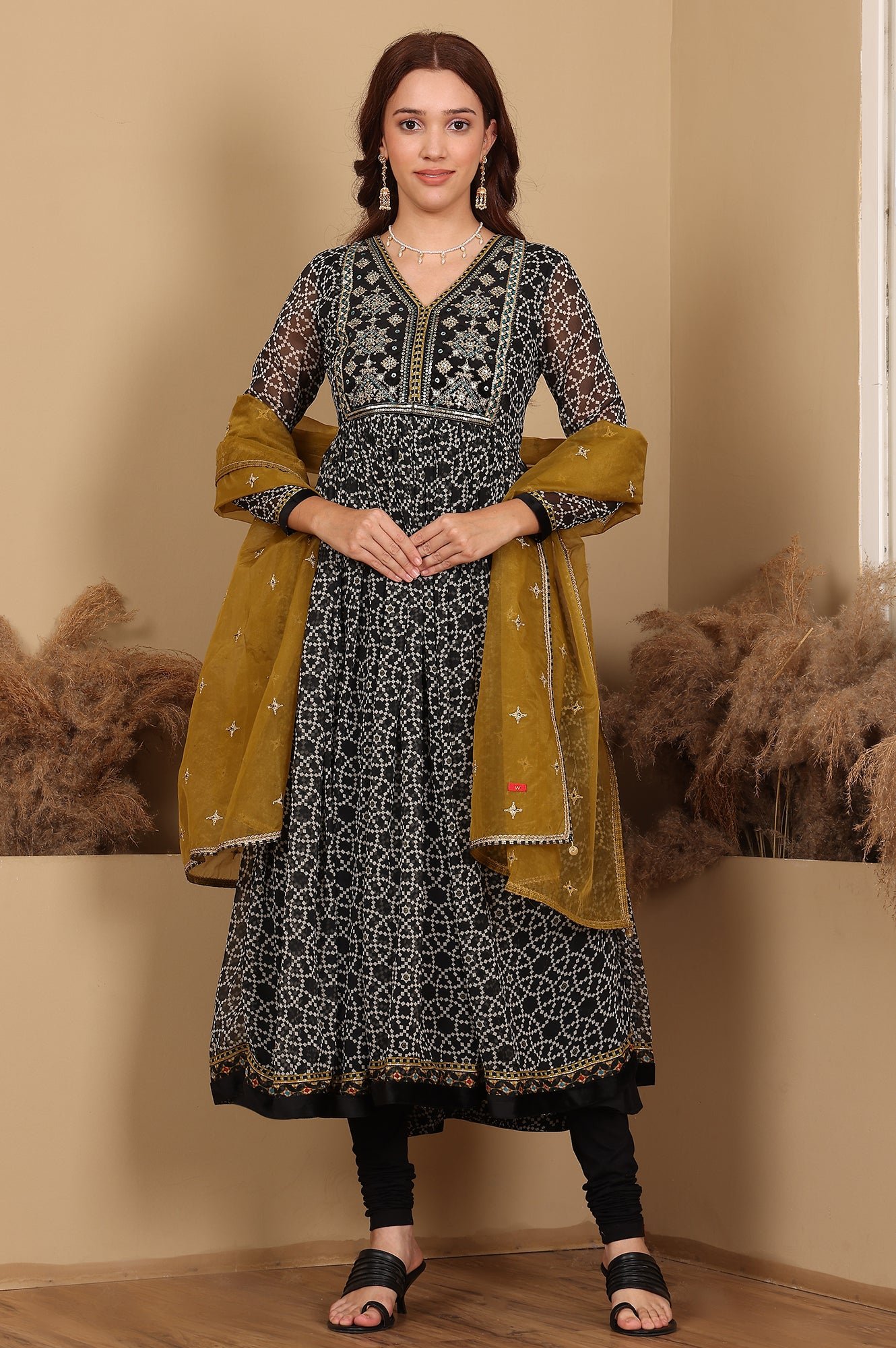 Black Printed Gathered Chiffon Kurta With Embroidery, Churidar And Dupatta Set - Image 5