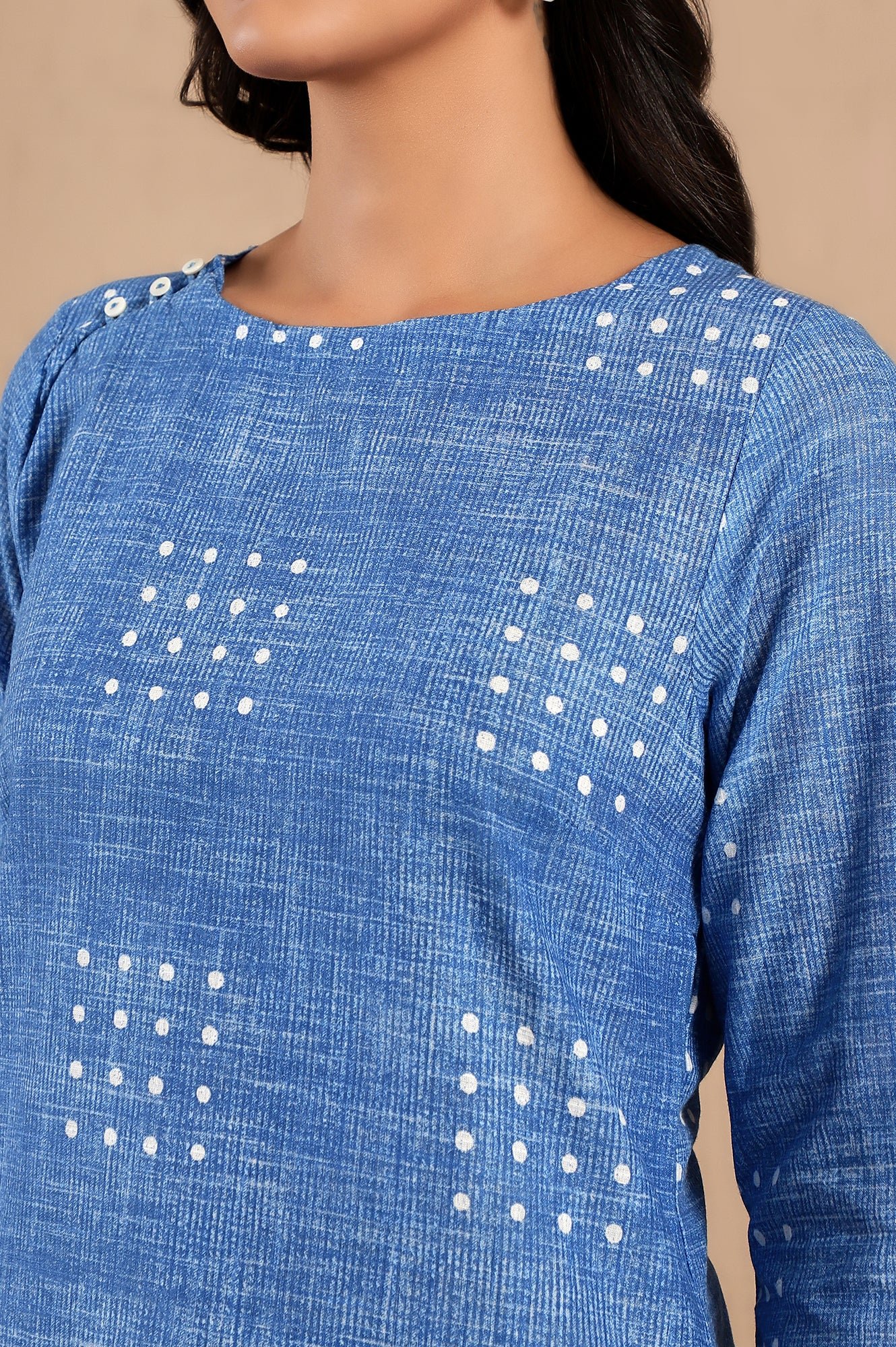 Blue Polka Dot Printed Pure Cotton Straight Kurta and Pants Co-ord Set - Image 3