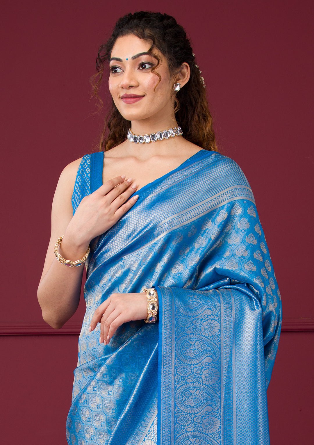 Turquoise Blue Zariwork Art Silk Saree - Image 8