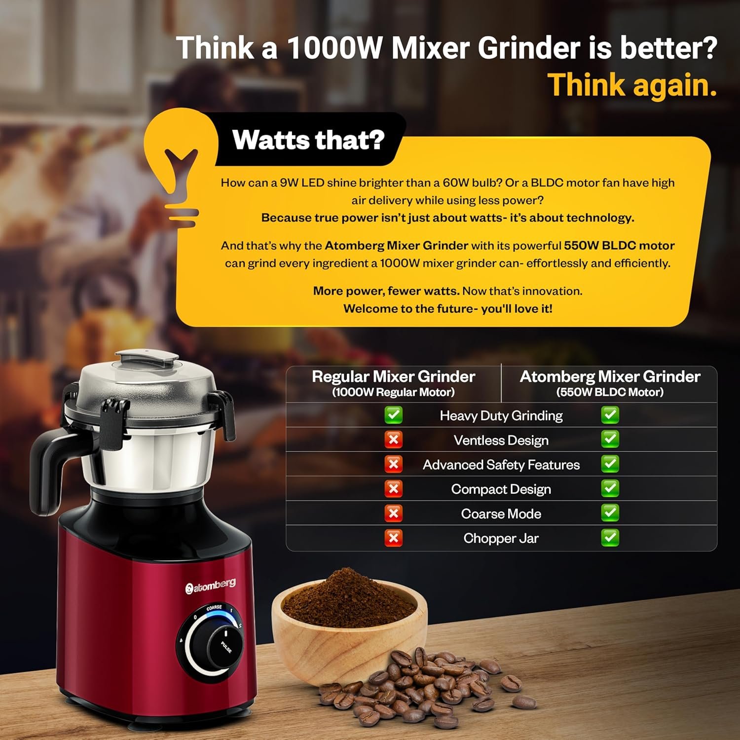Atomberg Zenova Mixer Grinder with Unique Coarse Mode | Advanced Safety Features | 4 Jars including Chopper Jar with Hands Free Operation (Red Wine) - View 2