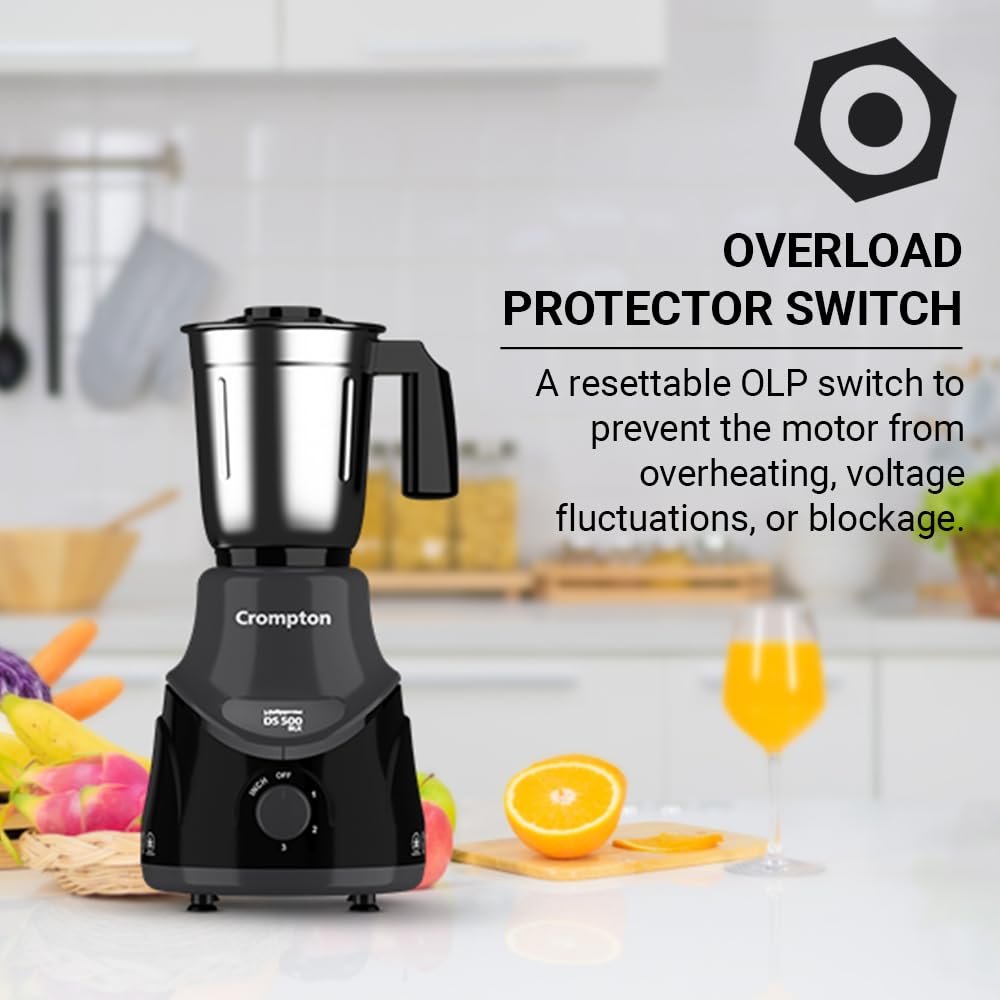 Crompton DS 500 BLK 500-Watt Mixer Grinder with Powertron Motor &amp; Motor Vent-X Technology (3 Stainless Steel Jars, Black &amp; Grey) - View 3